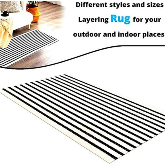 Black and White Striped Outdoor Rug, Cotton, 23.5x34.5 Striped Mat Rug - Picture 5 of 6